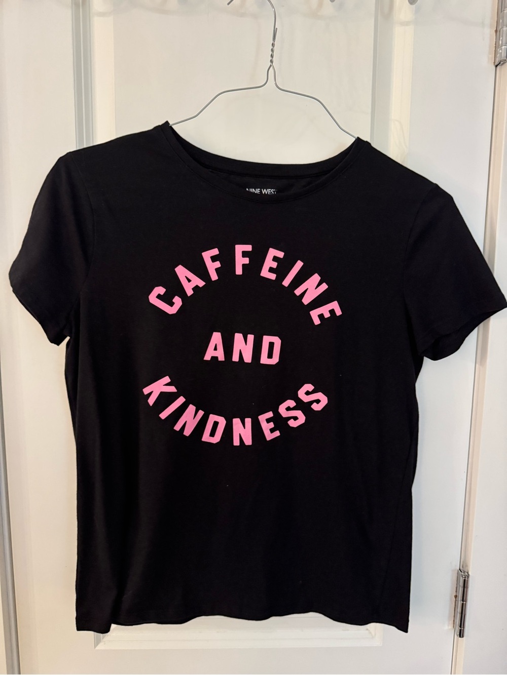 Nine West Black Tee with Pink “Caffeine and Kindness” Printed Logo, Size Medium